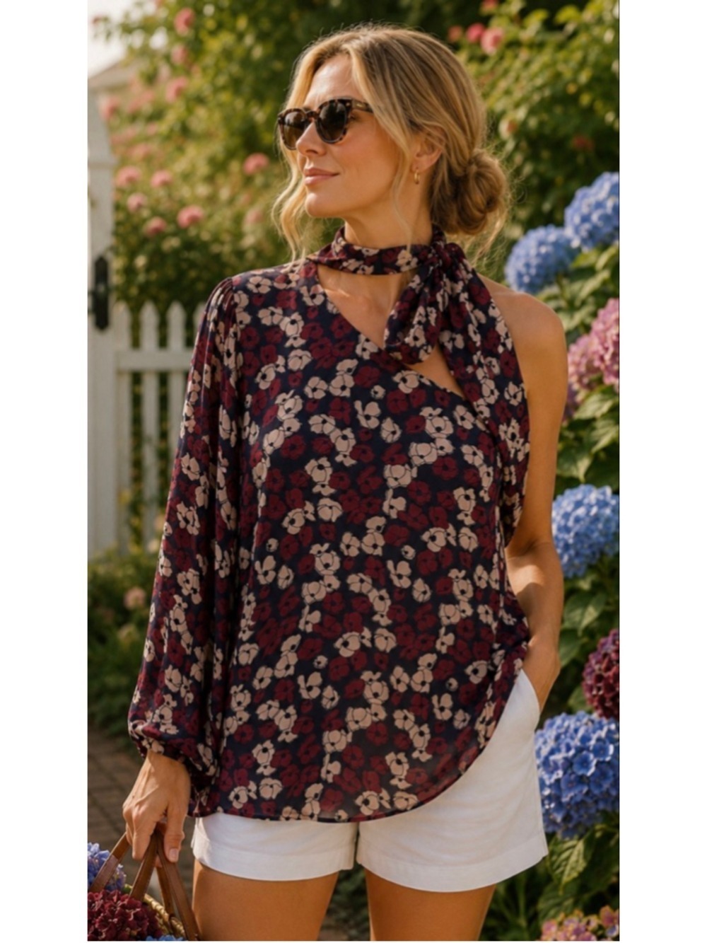 New Polo by Ralph Lauren One-Shoulder Blouse Size 12 Navy Red Floral
